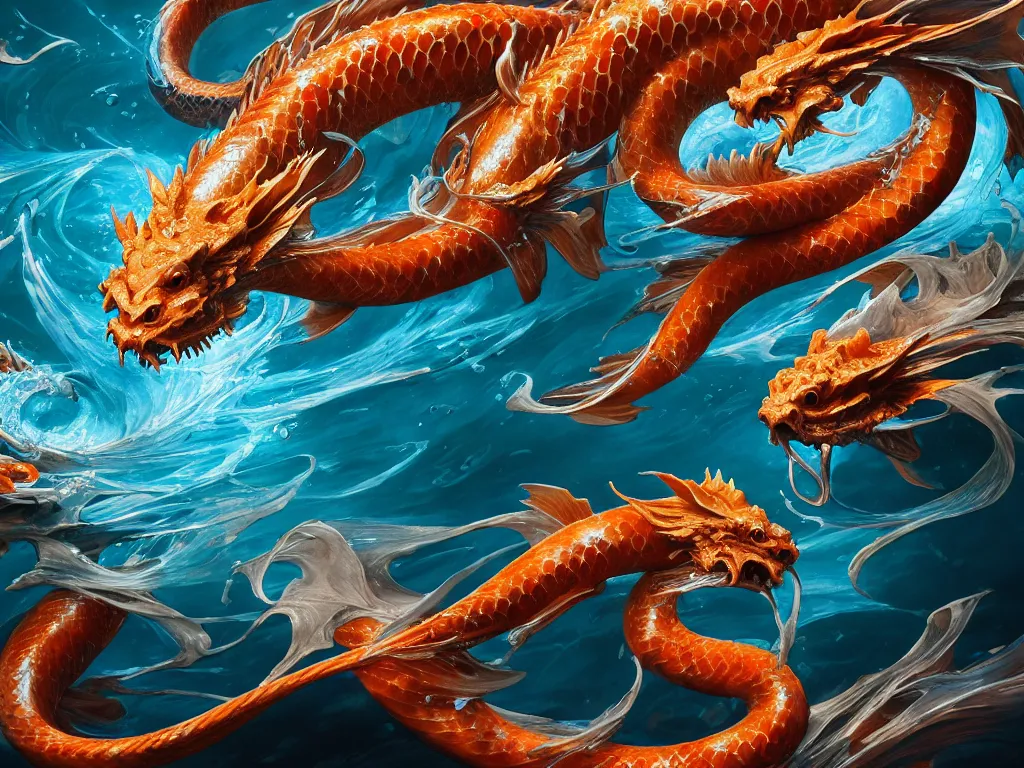 Image similar to intertwined koi dragon fish, water torrent background, jesper ejsing, james jean, justin gerard, tomasz alen kopera, cgsociety, fenghua zhong, makoto shinkai, octane render, highly detailed, rim light, cinematic lighting, hyper realism, high detail, intricate, 4 k, masterpiece