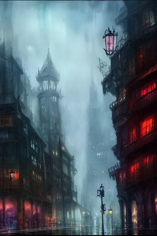 Image similar to fantasy city with slick streets highly detailed, digital painting, concept art, matte, sharp focus, watercolor illustration, art by j w turner, epic fantasy, moody, dark mood, digital watercolor painting