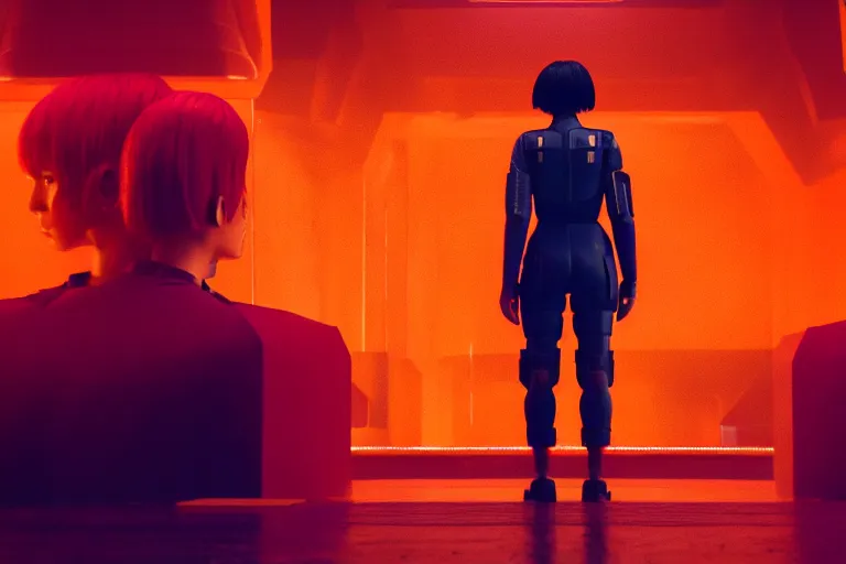 Image similar to major motoko wearing an orange prison jumpsuit, photography by fred palacio medium full shot still from bladerunner 2 0 4 9, sci fi, bladerunner, canon eos r 3, f / 3, iso 2 0 0, 1 / 1 6 0 s, 8 k, raw, unedited