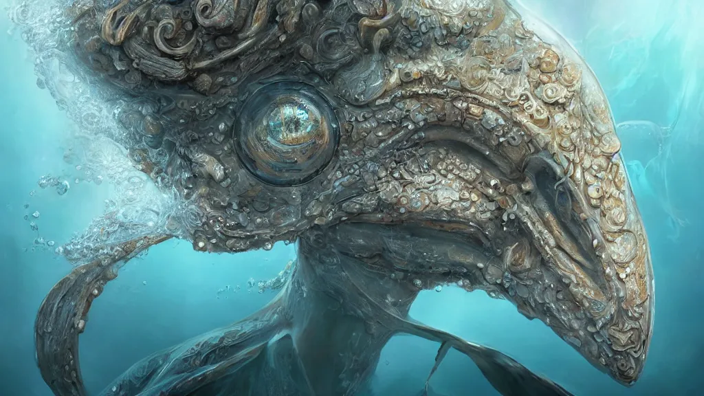 Image similar to ultra realist and ultra intricate detailed soft painting of an ancient water Kau in the ocean underwater environment, omnious, elegant, reflections, focus, detailed, realistic eyes, horizontal partial symmetry features proportions, intricate facial skin details, award winning, trending in cgsociety artstation deviant art, octane render