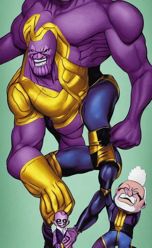 Image similar to photo of thanos ( marvel ) as a ventriloquist dummy. hq