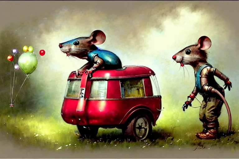 Prompt: adventurer ( ( ( ( ( 1 9 5 0 s retro future robot mouse balloon birthday party wagon house. muted colors. ) ) ) ) ) by jean baptiste monge!!!!!!!!!!!!!!!!!!!!!!!!! chrome red
