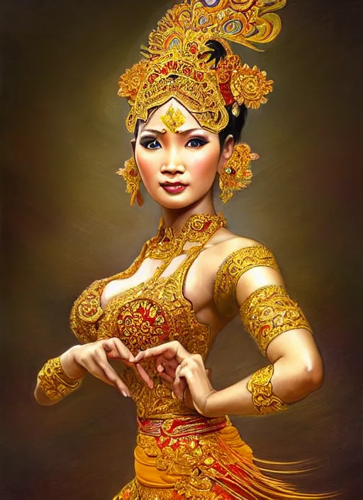 Prompt: beautiful javanese traditional dancer, surealism, aesthetic, shiny, fantasy, intricate, elegant, extremely higly detailed, digital painting, artstation, body symmetrical, baroque, concept art, photoshop, krita, smooth, sharp focus, full body focus, illustration, digital painting, art by artgerm and greg rutkowski and alphonse mucha