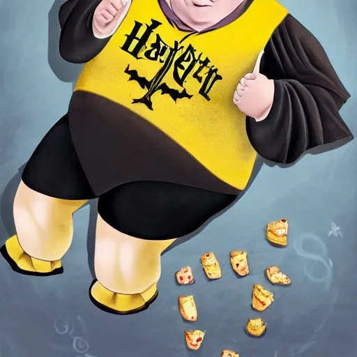 Image similar to overweight Harry Potter eating hufflepuff pastry