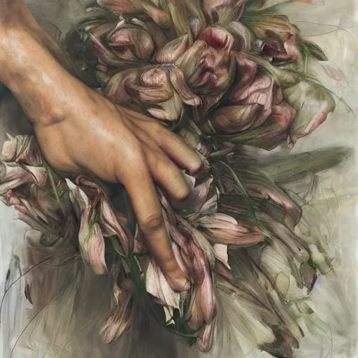 Prompt: a lot of hands touching flowers, by Jenny saville. Dark and atmospheric