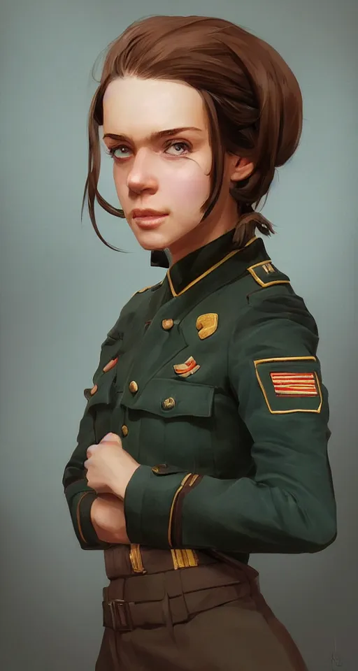 Image similar to portrait of young woman with light brown shoulder length hair and hazel eyes dressed in a sharp dark teal military uniform, smiling, ilya kuvshinov, svetlana tigai, greg rutkowski, loish, artgerm, digital painting, concept art