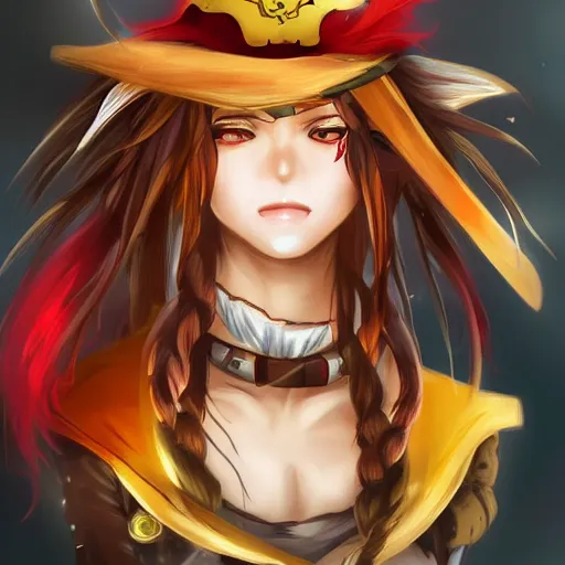 Prompt: advanced digital anime character art, female pirate captain with a yellow and a red eye , res brown hair wearing a corset and large pirate hat with feathers, RossDraws, WLOP, Sakimichan. —H 768