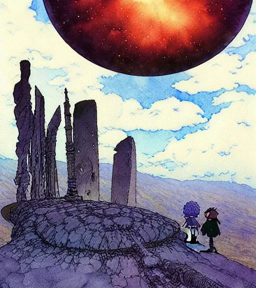 Image similar to hyperrealist studio ghibli watercolor fantasy concept art of an immense ufo from howl's moving castle sitting on stonehenge like a stool. it is a misty starry night. by rebecca guay, michael kaluta, charles vess