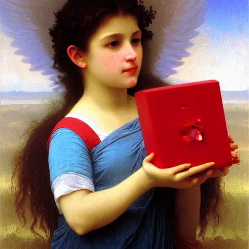 Image similar to Angel crying on top of a red cube made out of water, tears falling from eyes, oil painting by William-Adolphe Bouguereau
