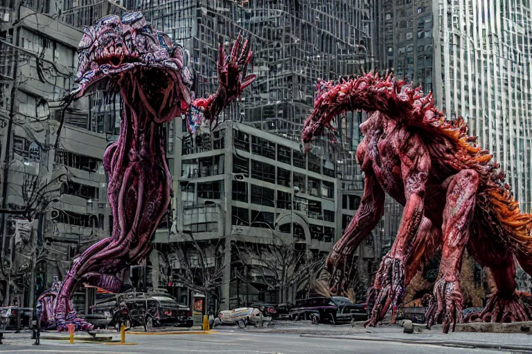 Prompt: detailed color analog medium format photo an indigenous monster creature designed by neill blomkamp, gantz, silent hill, in toronto downtown. kodak polaroid, high production value, intricate details, 8 k resolution, hyperrealistic, hdr, photorealistic, high definition, tehnicolor, award - winning photography, masterpiece, amazing colors, denis villeneuve