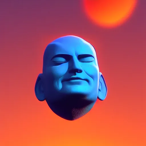 Prompt: giant blue statue face, flying, man, octane render, water, orange sky moebius by jean giraud