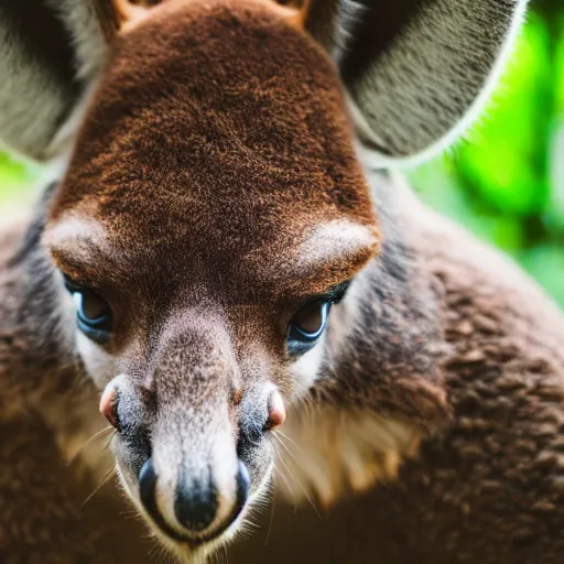 Image similar to a close up photograph of anthropomorphic samurai Kangaroo, Jungle Background, 40mm lens, focused