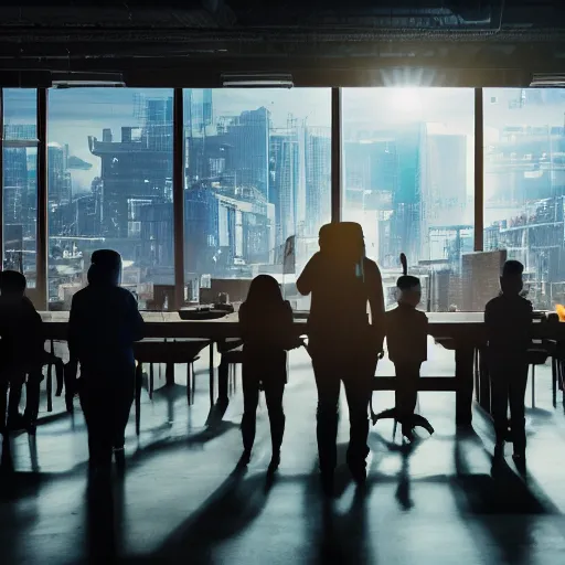 Prompt: cinematic concept, located in empty industrial warehouse with sunlight streaming through the windows, a large table in the middle of the frame that takes up a lot of space, a group of people standing around the table, on top of the table is a large hologram of a city futuristic city, some people are wearing virtual reality headsets in the foreground