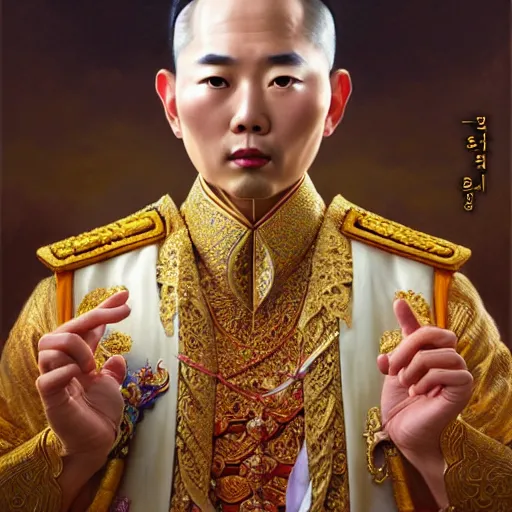 Prompt: pretty korean male dressed as king ramkhamhaeng of sukhothai, intricate, highly detailed, centered, digital painting, artstation, concept art, smooth, sharp focus, illustration, artgerm, tomasz alen kopera, peter mohrbacher, donato giancola, joseph christian leyendecker, wlop, boris vallejo