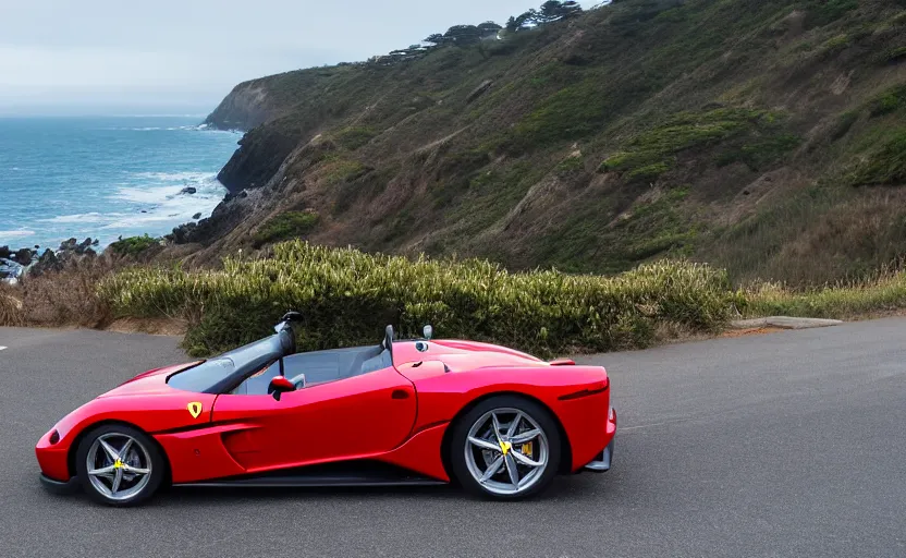 Image similar to a still of a ferrari monza sp 2 parked along the pacific coast highway, ocean in the background, 8 k,