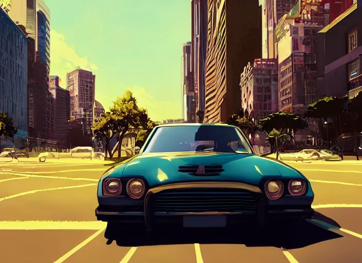 Image similar to a sedan car in a city. sharp focus, cinematic pose, cinematic lighting, unreal engine render. art by josan gonzales and moebius and deathburger.