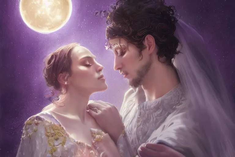 Image similar to a dreamlike cinematic portrait of wedding photograph close up moment of a divine a russia sun god and moon goddess lovers magician at a wedding banquet. portraiture. digital painting. artstation. concept art. fantasy wedding photo. digital painting, 8 k realistic, hyper detailed, violet evergarden art masterpiece by art by krenz cushart