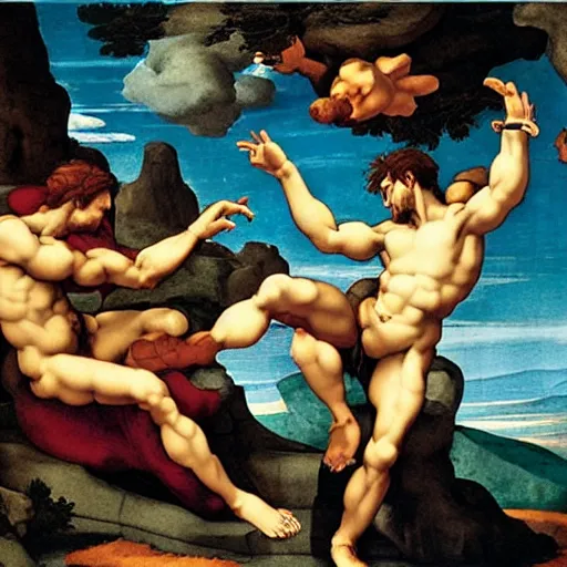 Prompt: michelangelo's the creation of adam. anime style. highly detailed.