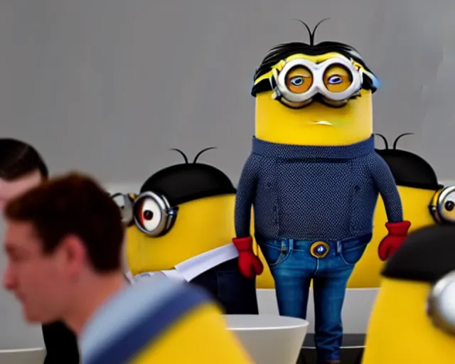 Prompt: Minion in a turtleneck giving a presentation on the newest iphone, HD 4k photography, flood lighting