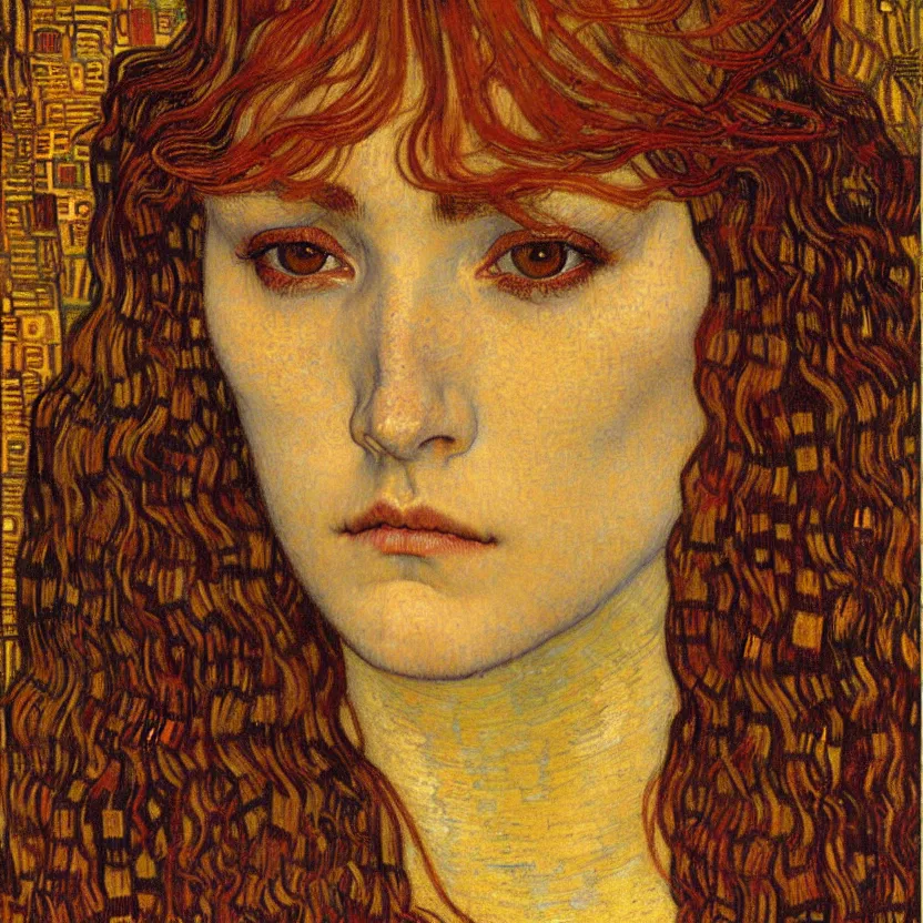 Image similar to detailed realistic beautiful young medieval queen face portrait by jean delville, gustav klimt and vincent van gogh, art nouveau, symbolist, visionary, gothic, pre - raphaelite, muted earthy colors, desaturated