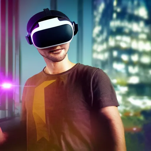 Image similar to Super hero wearing a virtual reality headset in big city, render, ray tracing