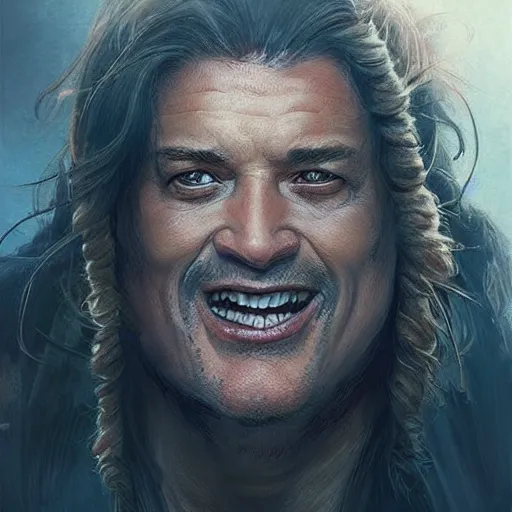 Image similar to “Explorer who looks like Brendan Fraser, similar to Indiana Jones, face of an Oni monster, D&D, fantasy, intricate, cinematic lighting, highly detailed, digital painting, artstation, concept art, smooth, sharp focus, illustration, art by Artgerm and Greg Rutkowski and Alphonse Mucha”