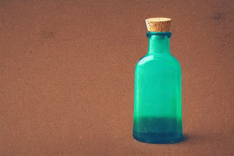 Image similar to small potion with a cork top filled with a green and turquoise gradient liquid, on a desk, old film photo