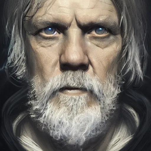 Prompt: portrait of a man by Greg Rutkowski, old jedi Master Luke Skywalker from Star Wars Expanded Universe, he is about 60 years old, wearing black robes, highly detailed portrait, digital painting, artstation, concept art, smooth, sharp foccus ilustration, Artstation HQ