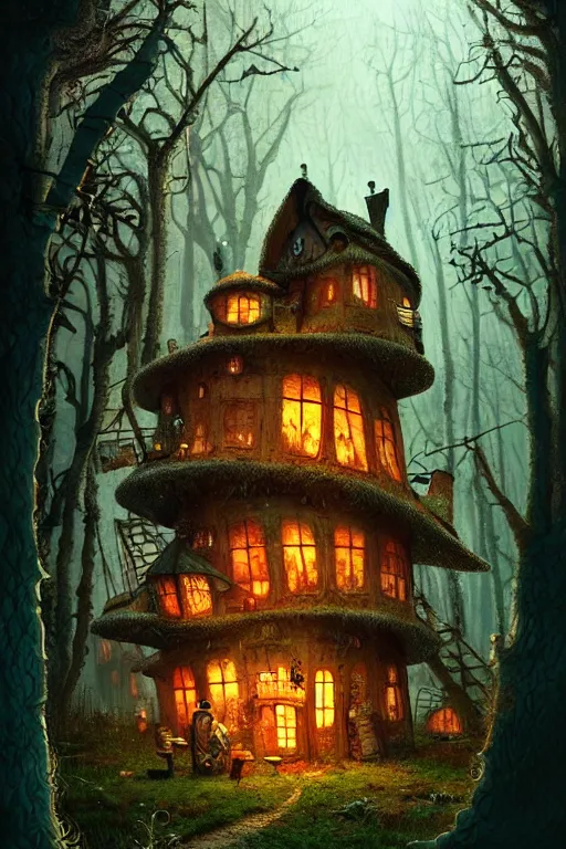 Image similar to a shot from a Jean pierre jeunet movie of a storybook style ramshackle multistory fairytale hut in the forest, intricate, elegant, fantasy, highly detailed, digital painting, concept art, sharp focus, artstation