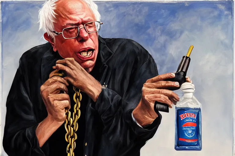 Image similar to Bernie Sanders as rap artist in the hood with gold chains and gold teeth, drinking cough syrup, carrying an Uzi, oil on canvas, artstation, portrait, masterpiece, aesthetic