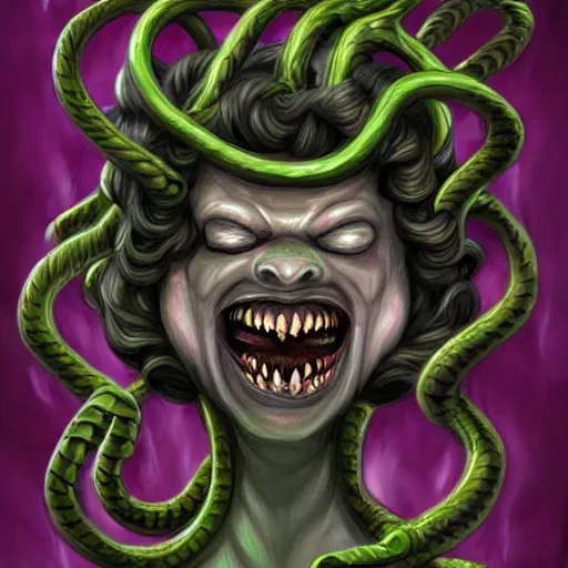 Image similar to torquoise fantasy fanged medusa, medusa head, snake heads, medusa head, snake heads, medusa head, snake tongue, snake tongue, snake eyes, hair made of snake eyes, fantasy game art, fantasy rpg, league of legends