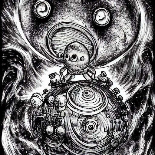 Prompt: cosmic machinarium spirit, drawn by Kentaro Miura, ink, manga, maximalist, high detail, 8k