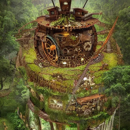 Image similar to A tribal village inside a clockwork dome, detailed and fully realized immersive dystopian verdant reclamation or natural ways, realistic, natural rusted technology