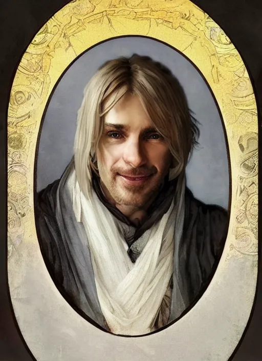 Image similar to a 4 0 year old man with blonde hair and hazel eyes and a handsome friendly smiling face. he is wearing a tattered grey cloak. portrait painting by artgerm and greg rutkowski and alphonse mucha.