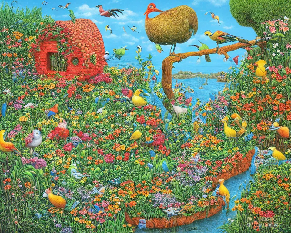 Image similar to birds sea wall garden painting in a frame by Jacek Yerka,