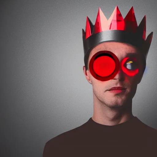 Image similar to man with a crown, smirk, photograph, black backgrounds, glowing red eyes, low poly