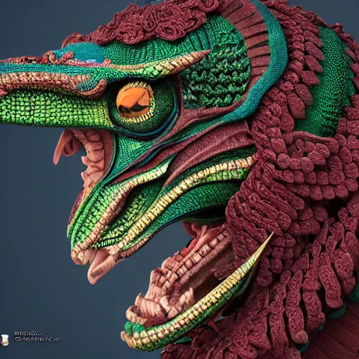 Prompt: a quetzalcoatl, trending on artstation, highly detailed, 8k, beautiful, dynamic lighting, detailed face, ornate armor, crochet skin