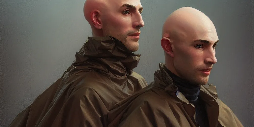 Prompt: угкщзуфт ( ( ( ( bald young man ) ) ) ) dressed in raincoat, male, clear face, masculine, upper body, highly detailed, digital painting, artstation, concept art, matte, sharp focus, illustration, art by artgerm and greg rutkowski and alphonse mucha