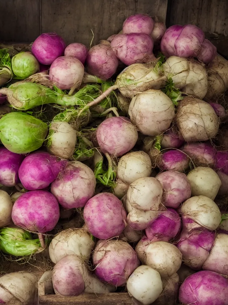 Image similar to a photorealistic turnips and rutabagas, farmer's market setting, vivid colors, soft lighting, atmospheric, cinematic, 8k