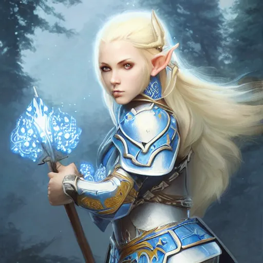 Image similar to young blonde female elf warrior in blue and white armor, surrounded by rabbit knights, epic wallpaper, high fantasy, flowers and trees, intricate detail, digital painting, artstation, concept art, smooth, sharp focus, illustration, art by greg rutkowski and wlop and raymond swanland and ross tran