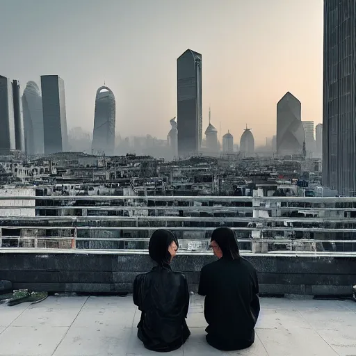 Image similar to a small rooftop with a couple of people sitting and watching the view, wearing black modern clothes, designed by rick owens, messy short hair, modern shanghai bund in smog is on the background, sunset, pale colors, by gregory crewdson