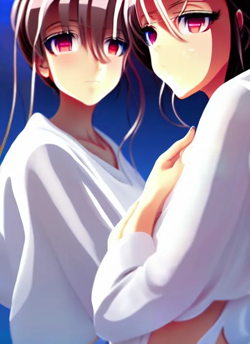 Prompt: two beautiful mothers out on a humid summer day, white tops, gorgeous faces, thick lines, cinematic lighting, detailed anime art