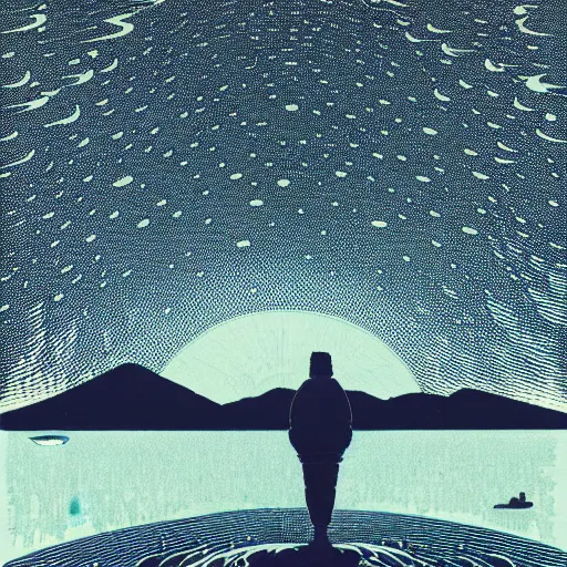 Image similar to standing in a lake looking at reflection of the night sky by woodblock print, nicolas delort, moebius, victo ngai, josan gonzalez, kilian eng