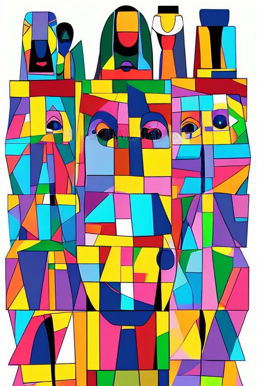 Image similar to cubist moai statue cutout digital illustration cartoon colorful beeple