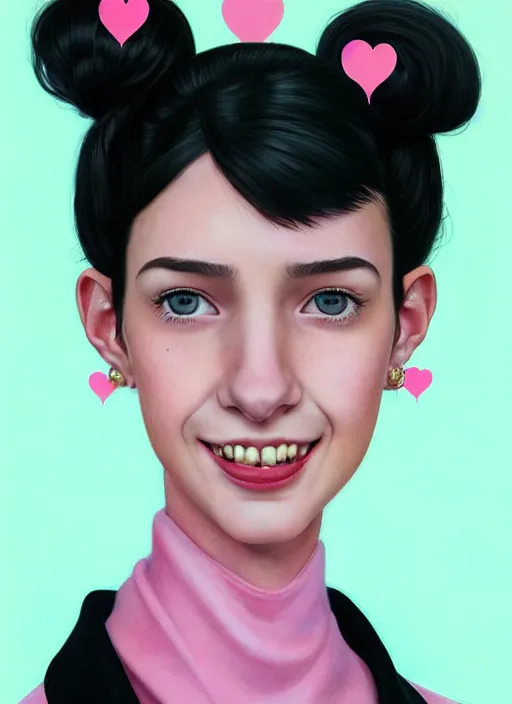 Image similar to portrait of high school girl, realistic, black hair, bangs, half updo hairstyle, pointy nose, skinny, smile, ugly, defined jawline, big chin, pink hair bow, earrings, intricate, elegant, glowing lights, highly detailed, digital painting, artstation, sharp focus, illustration, art by wlop, mars ravelo and greg rutkowski