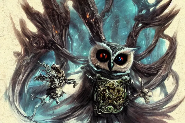 Prompt: the undefeatable, insurmountable, all - seeing enchanting necro - owl of time, able to control all abstractions and elude the physical world through mesmerising quantum - flight. dark fantasy concept art.