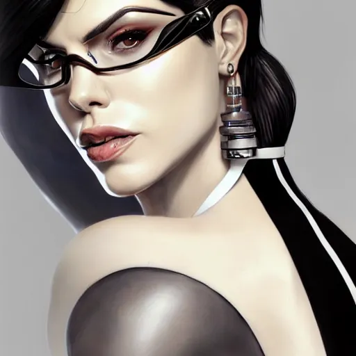 Image similar to a portrait of jenna dewan as bayonetta, upper half portrait, urban motifs, intricate, elegant, highly detailed, digital painting, trending on artstation, concept art, smooth sharp focus, illustration, art by artgerm and greg rutkowski