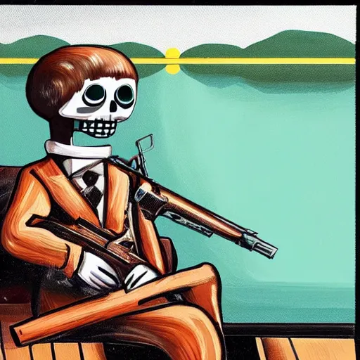 Image similar to very detailed and perfectly readable fine and soft relevant out of lines soft edges painting, manny calavera sitting with a rifle, in a cabin, on a lake, sunrise, grim fandango style,