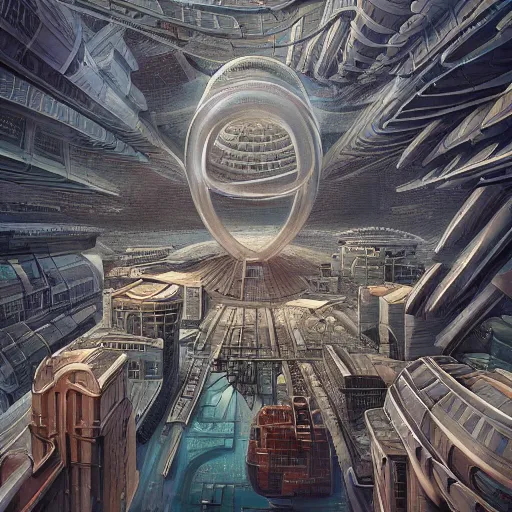 Image similar to orbit soviet city, Norilsk street, huge futuristic temple city, birds eye, vista view, peter mohrbacher, vladimir kush, michael whelan, bill stoneham, tsutomu nihei, jane graverol, kay sage, digital art, airbrush, art nouveau, intricate, clear, looming, epic, depth, artstation, highly detailed, blender, Unreal Engine, octane render, vray, 8k