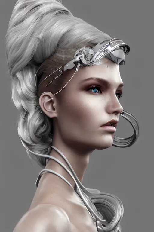 Image similar to white cyborg fashion shot, copper spiral hair decorations, white elegant baroque design, pretty face, photorealistic, 8k, hyper detailed, unreal engine, trending on artstation,